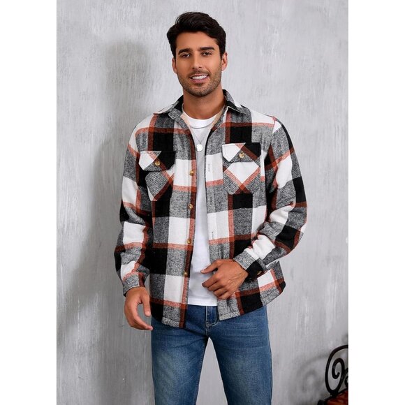 Mens CottonOrangeWhite Sherpa Lined Button Down Flannel Shirt Jacket Plaid Soft. - Picture 3 of 8